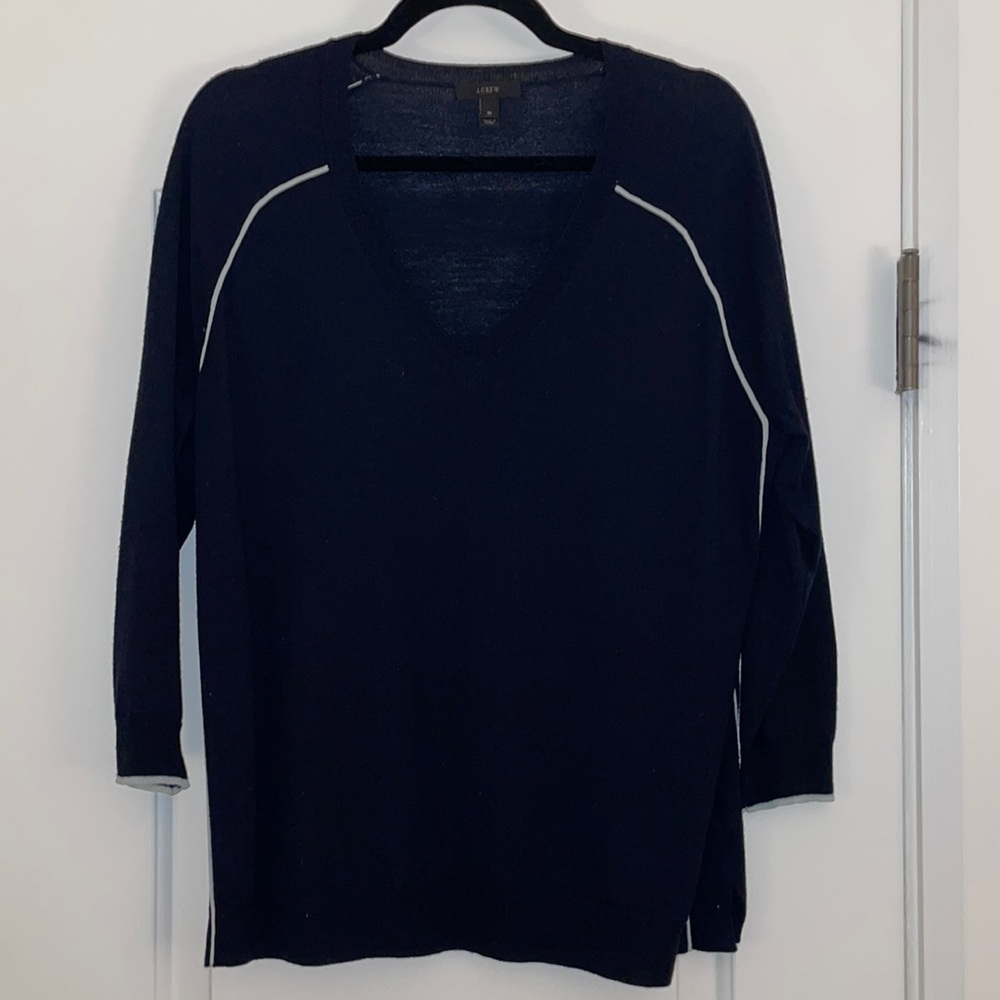 J Crew 3/4 Sleeve V Neck Sweater with White Piping on Side - Color Navy - Size M